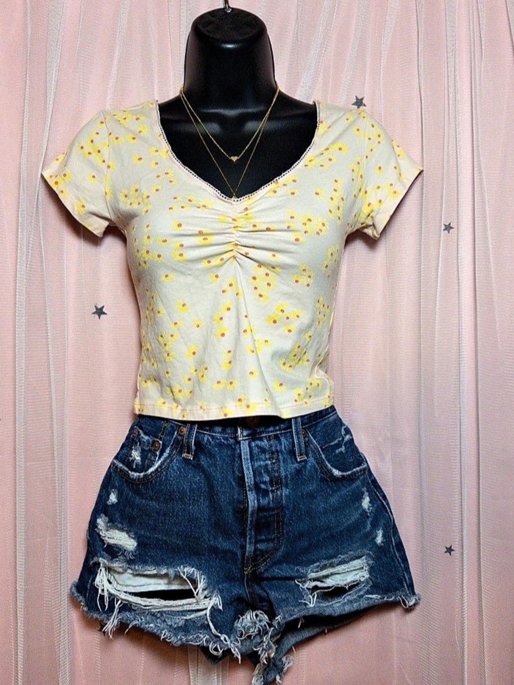 Floral Ruched Short Sleeve Top in Yellow XS | Boho Dainty Flowers Cottagecore